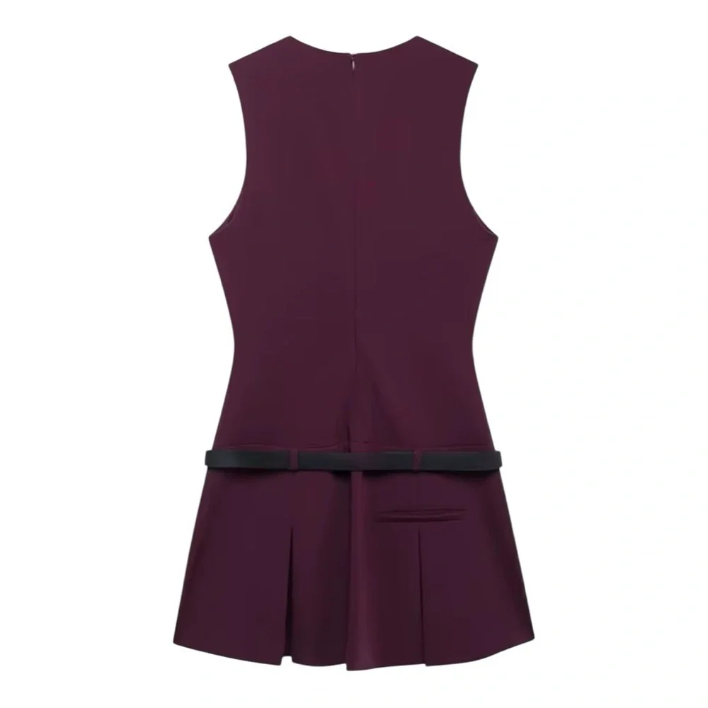 🍷 ZARA Belted Box Pleat Mini Dress | Size L | Burgundy New - Picture 2 of 4